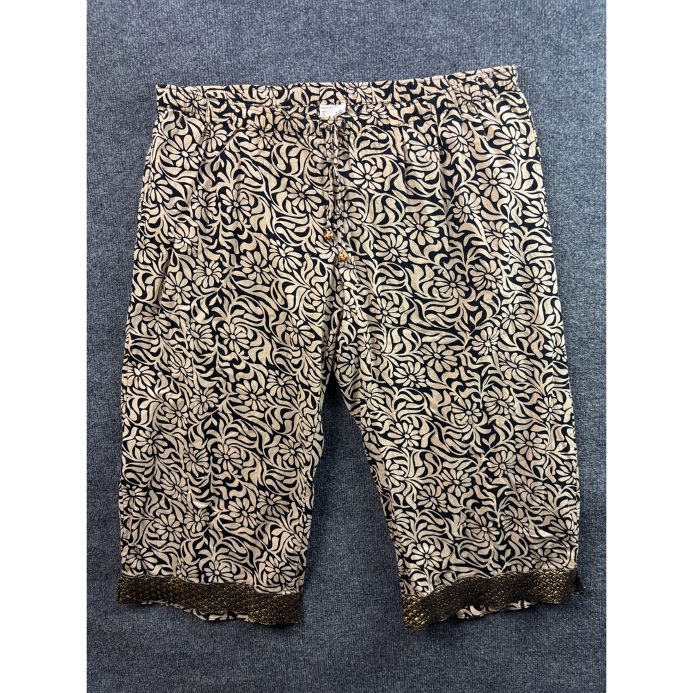 Sudara Punjammies Lounge Pants Women Large Tan Black Floral Cropped Embroidered